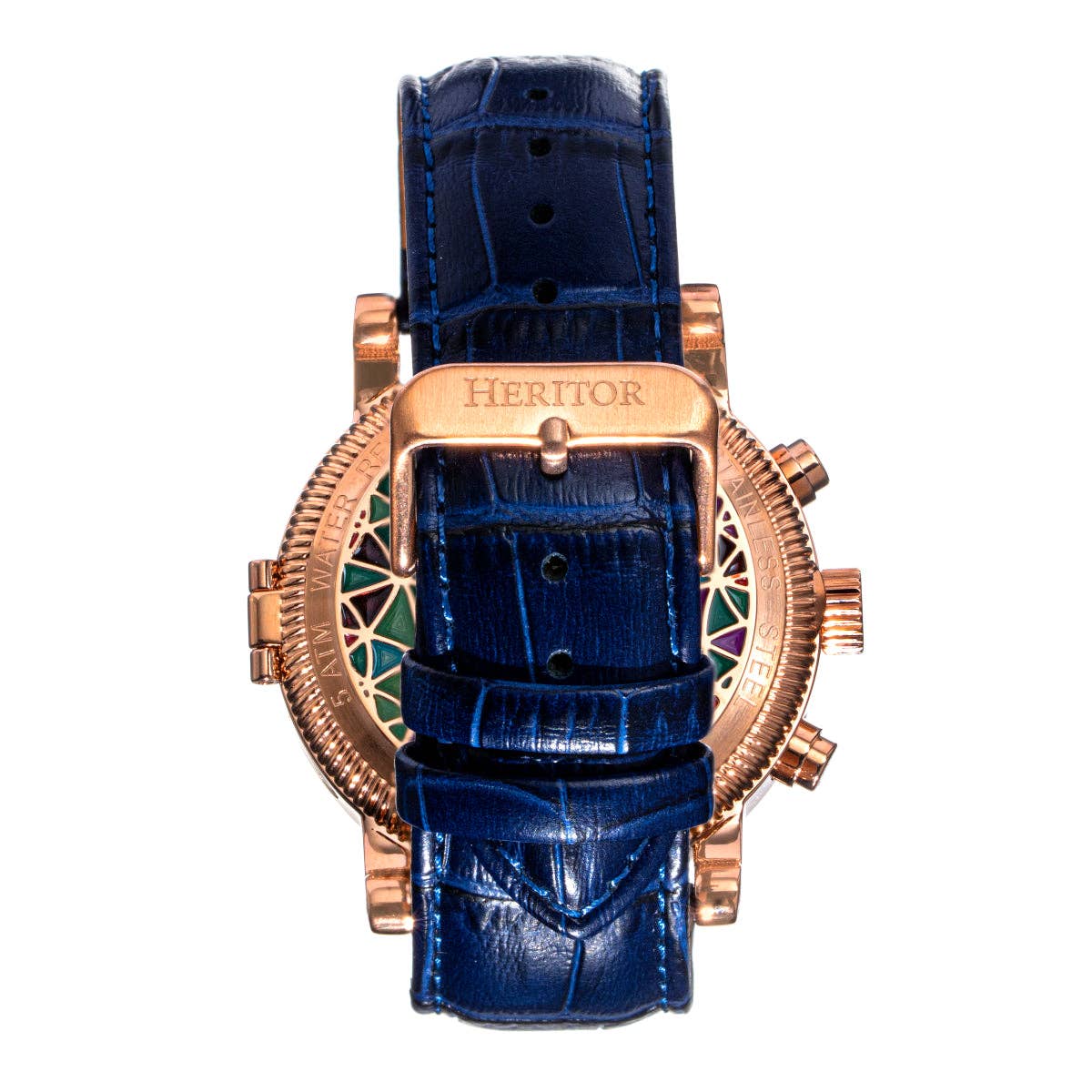 Heritor Automatic Legacy Leather-Band Watch with Day/Date: Rose Gold/Blue
