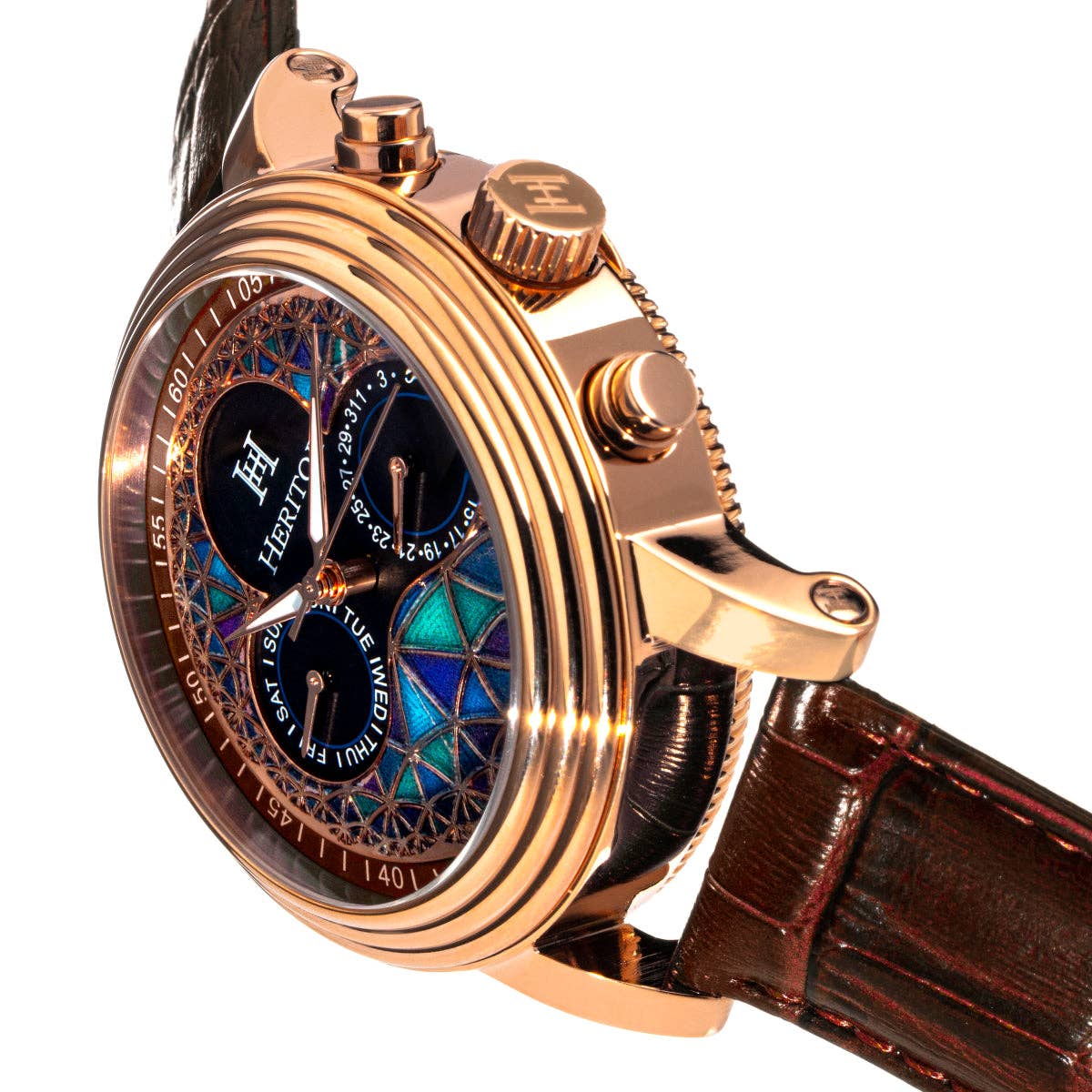 Heritor Automatic Legacy Leather-Band Watch with Day/Date: Rose Gold/Blue
