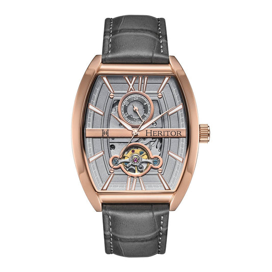 Heritor Automatic Masterson Semi-Skeleton Leather-Band Watch: Rose Gold/Grey