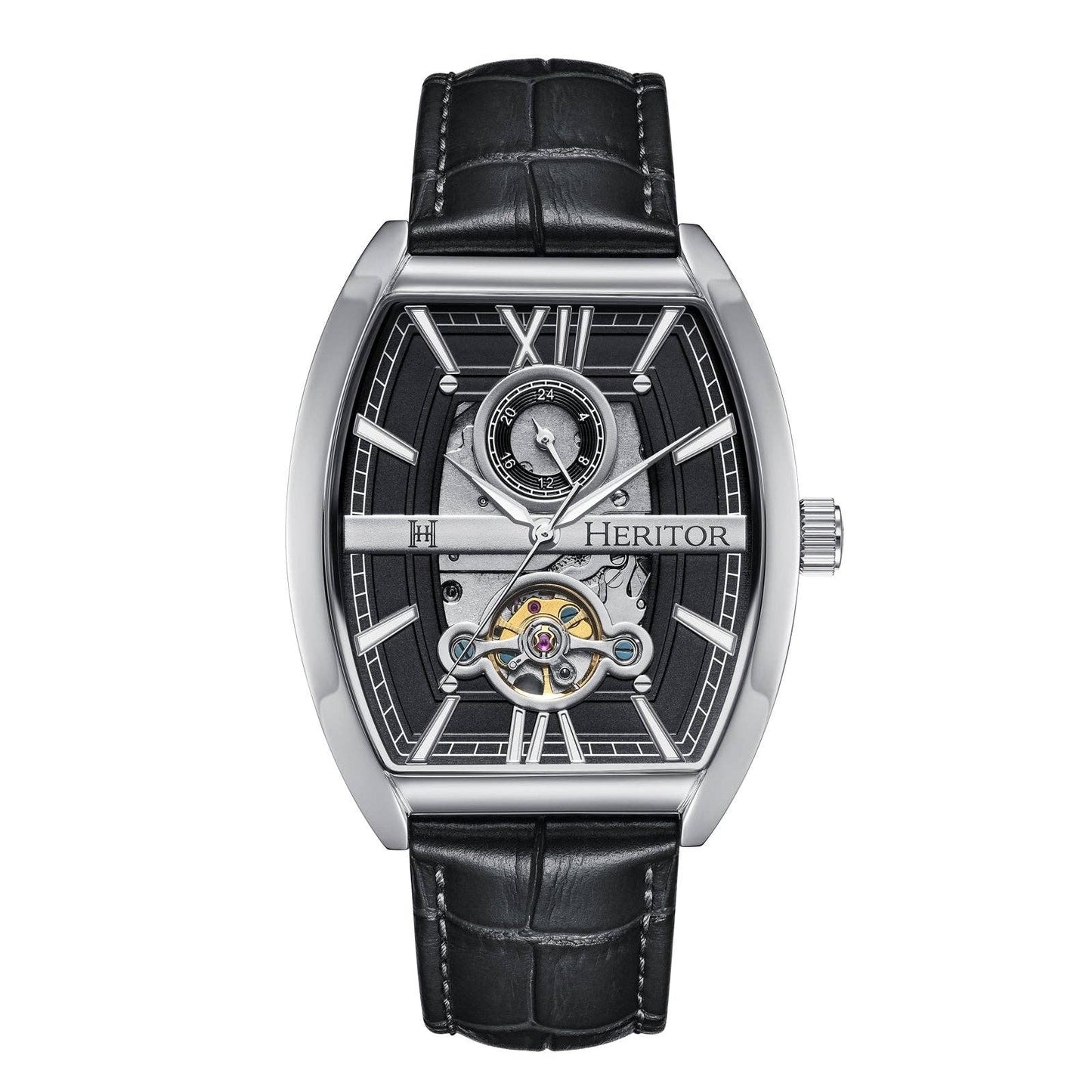 Heritor Automatic Masterson Semi-Skeleton Leather-Band Watch: Gold/Black