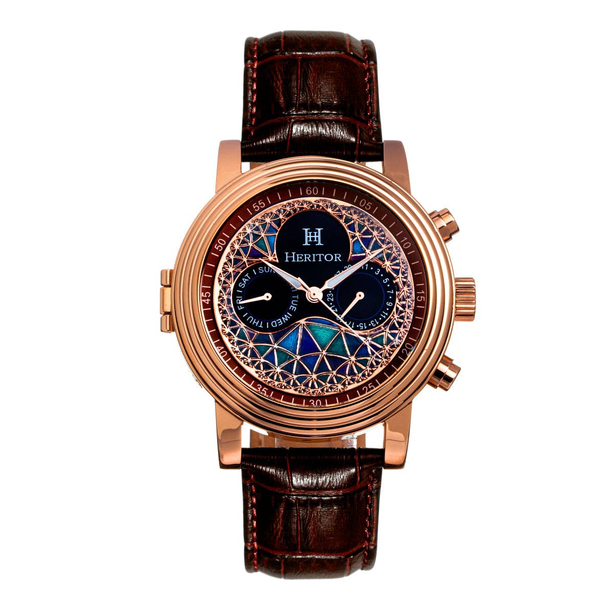 Heritor Automatic Legacy Leather-Band Watch with Day/Date: Rose Gold/Blue