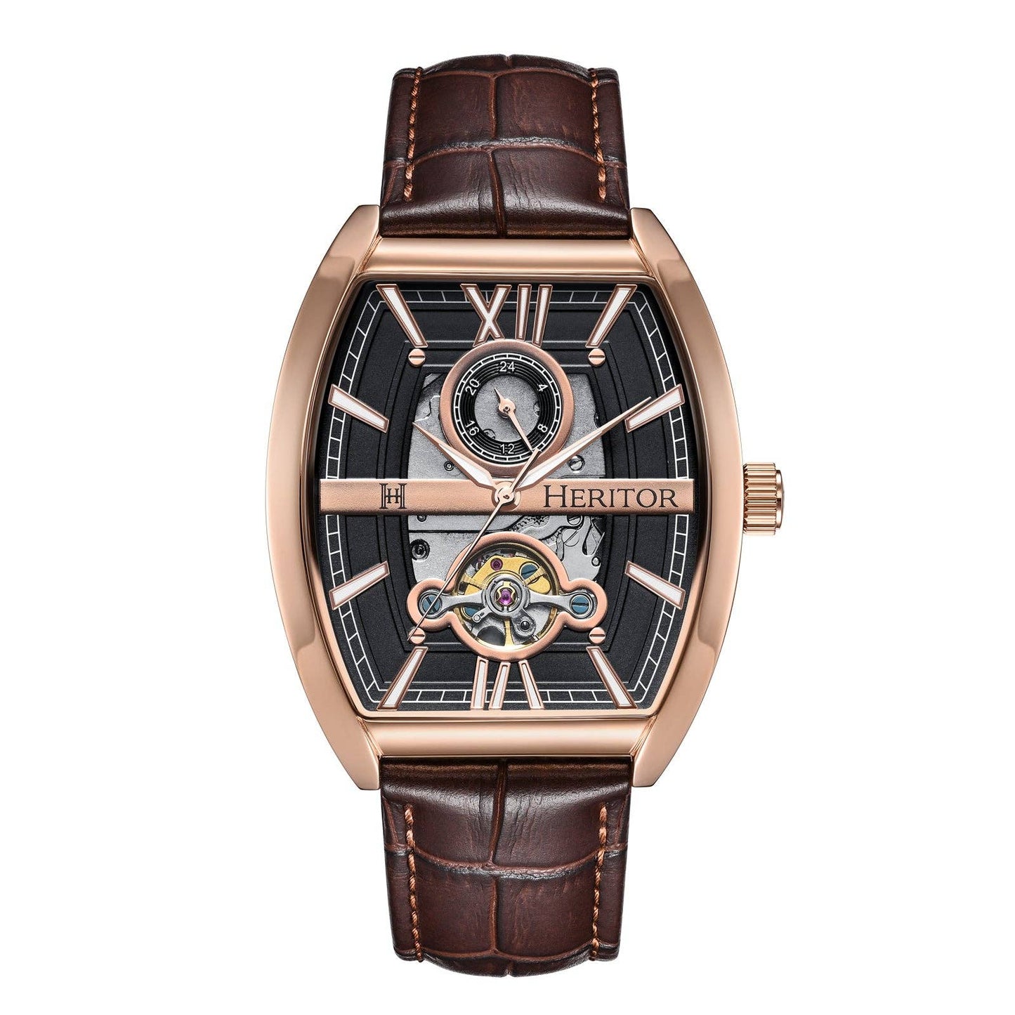 Heritor Automatic Masterson Semi-Skeleton Leather-Band Watch: Gold/Black