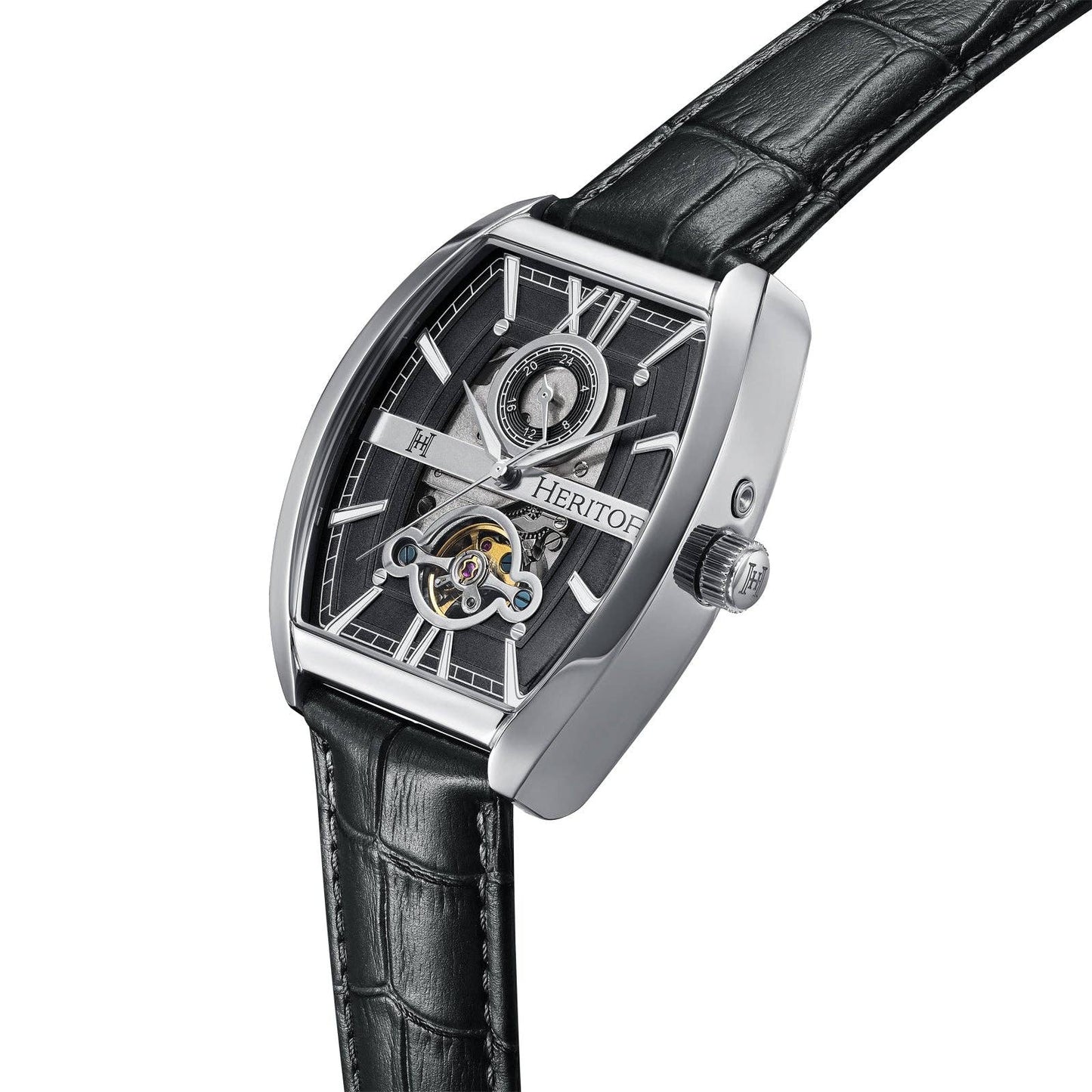 Heritor Automatic Masterson Semi-Skeleton Leather-Band Watch: Rose Gold/Grey