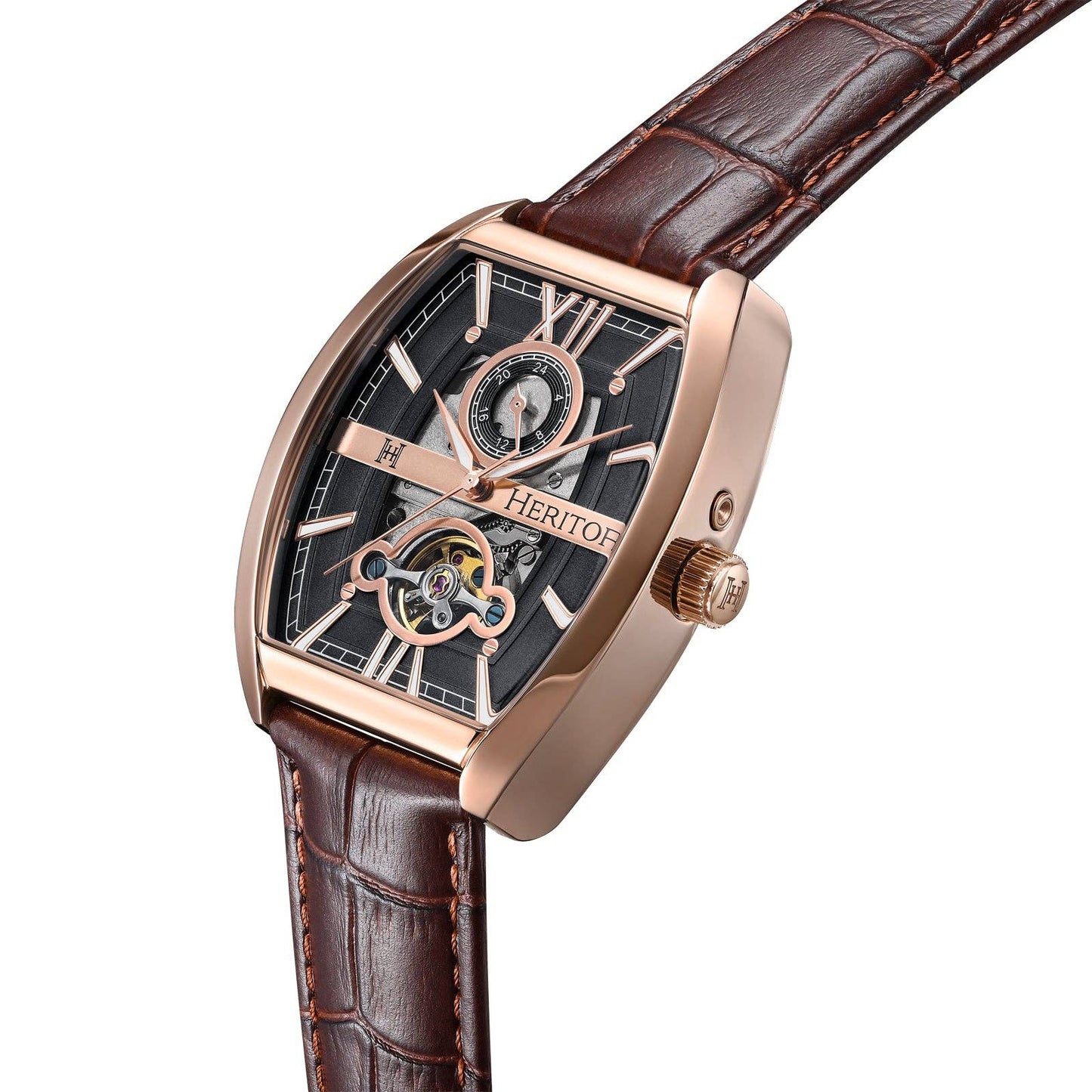 Heritor Automatic Masterson Semi-Skeleton Leather-Band Watch: Gold/Black