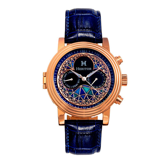 Heritor Automatic Legacy Leather-Band Watch with Day/Date: Rose Gold/Blue