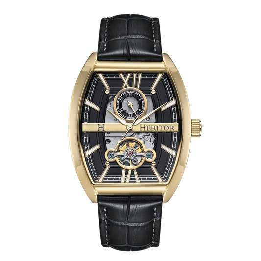 Heritor Automatic Masterson Semi-Skeleton Leather-Band Watch: Gold/Black
