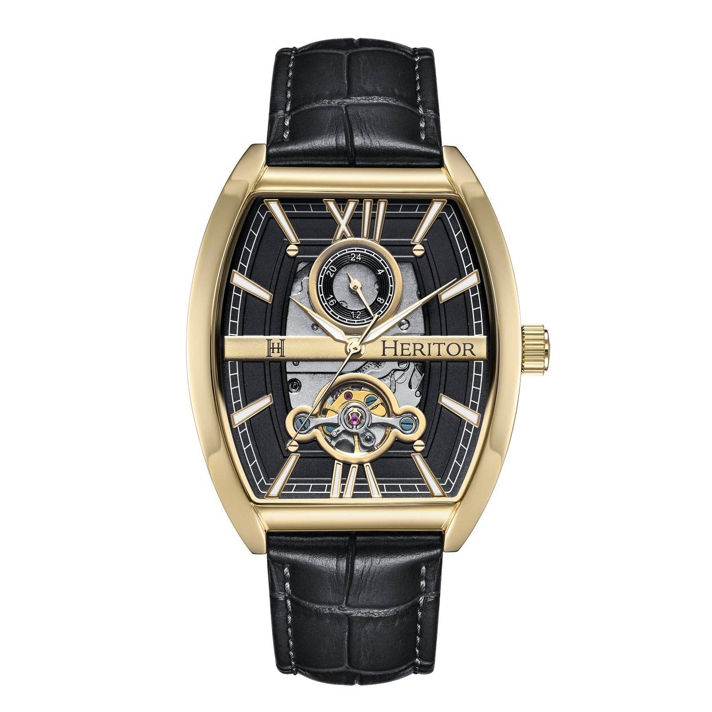 Heritor Automatic Masterson Semi-Skeleton Leather-Band Watch: Rose Gold/Grey