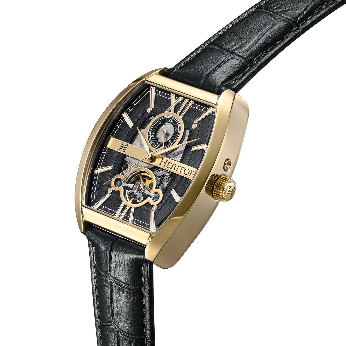 Heritor Automatic Masterson Semi-Skeleton Leather-Band Watch: Gold/Black